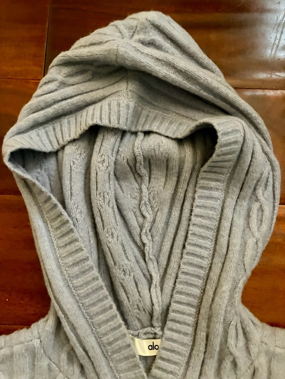ALO Yoga Light Blue Cable-Knit Hooded Sweater